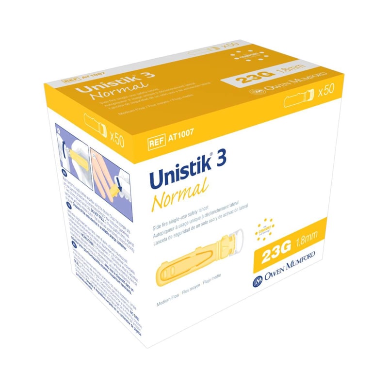 Owen Mumford UnistikÂ® 3 Normal Safety Lancet, 23 Gauge, 1.8 mm Depth